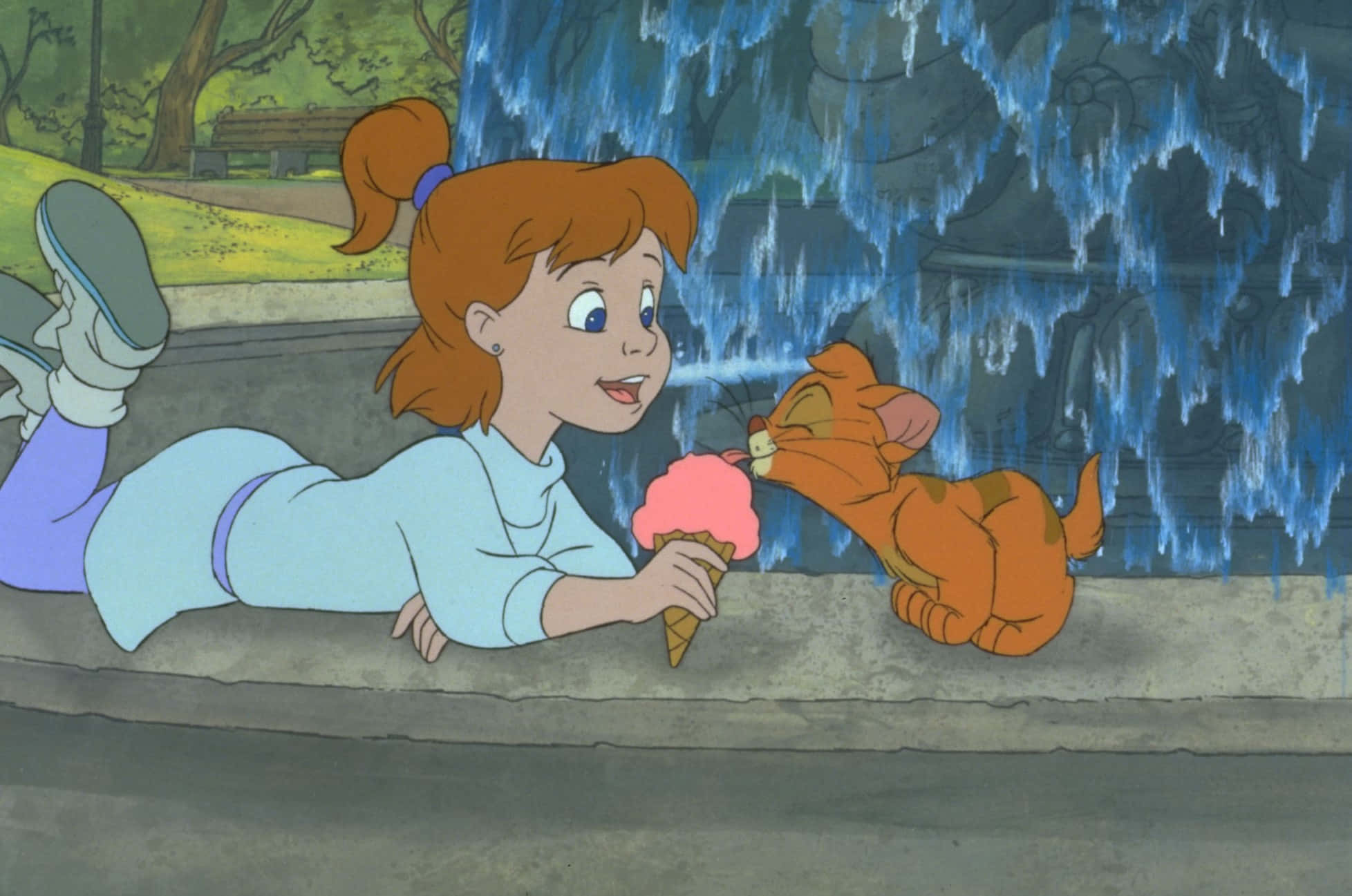 Oliver and company, red hair, fountain, Full HD Desktop Wallpaper