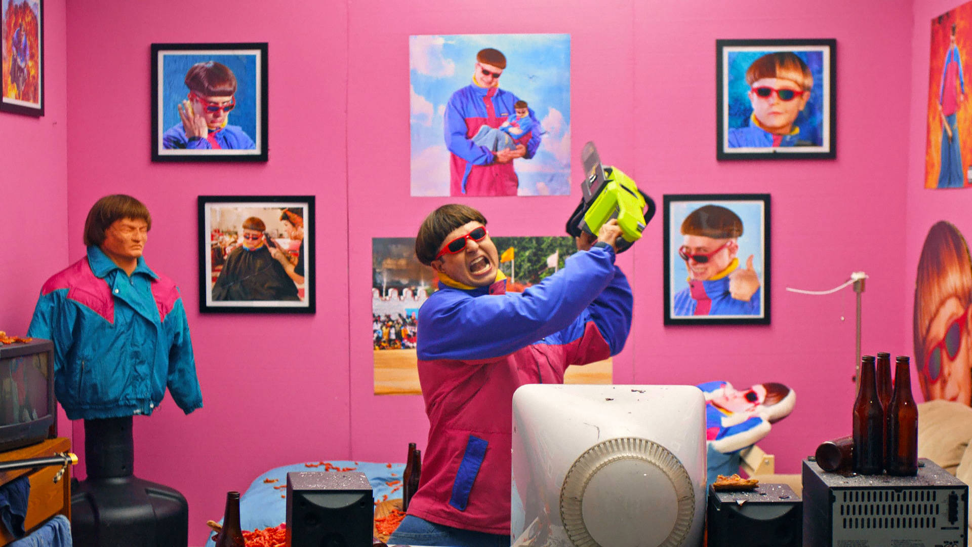 Oliver Tree, neon green chainsaw, pink and blue jacket, Full HD Desktop Wallpaper