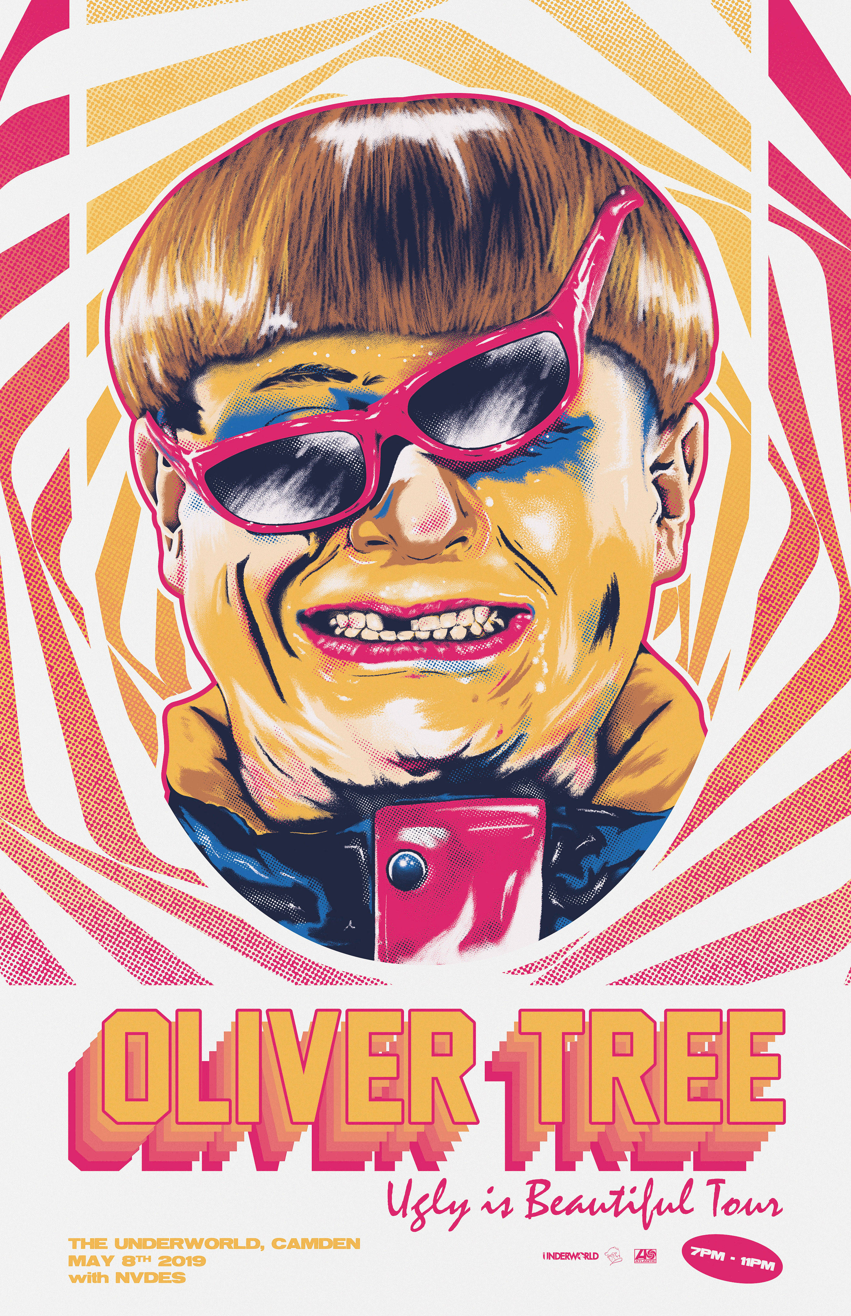 Oliver Tree, pink sunglasses, geometric background, 4K Phone Wallpaper