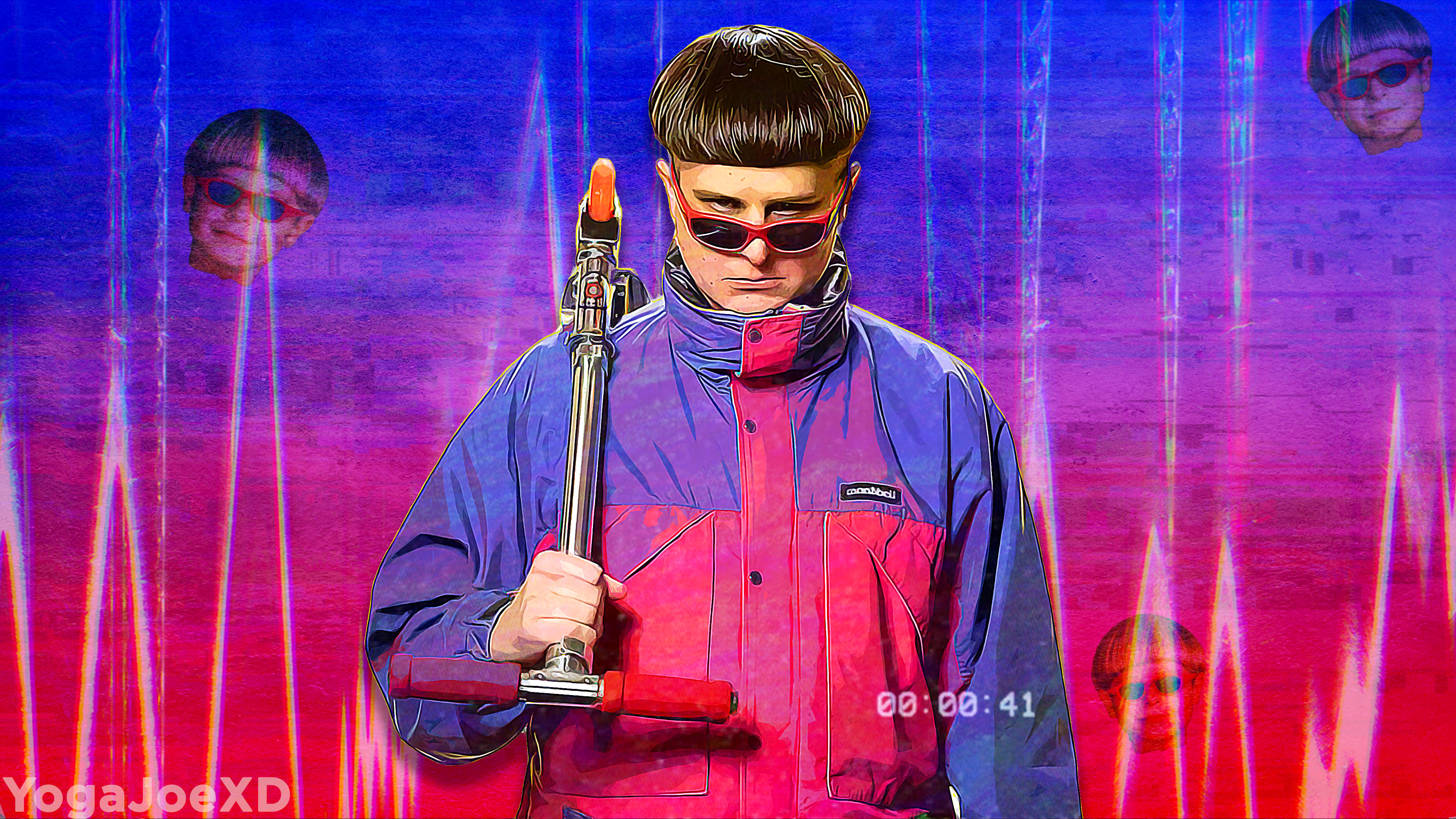 Oliver Tree, futuristic weapon, glitchy neon background, 4K Desktop Wallpaper