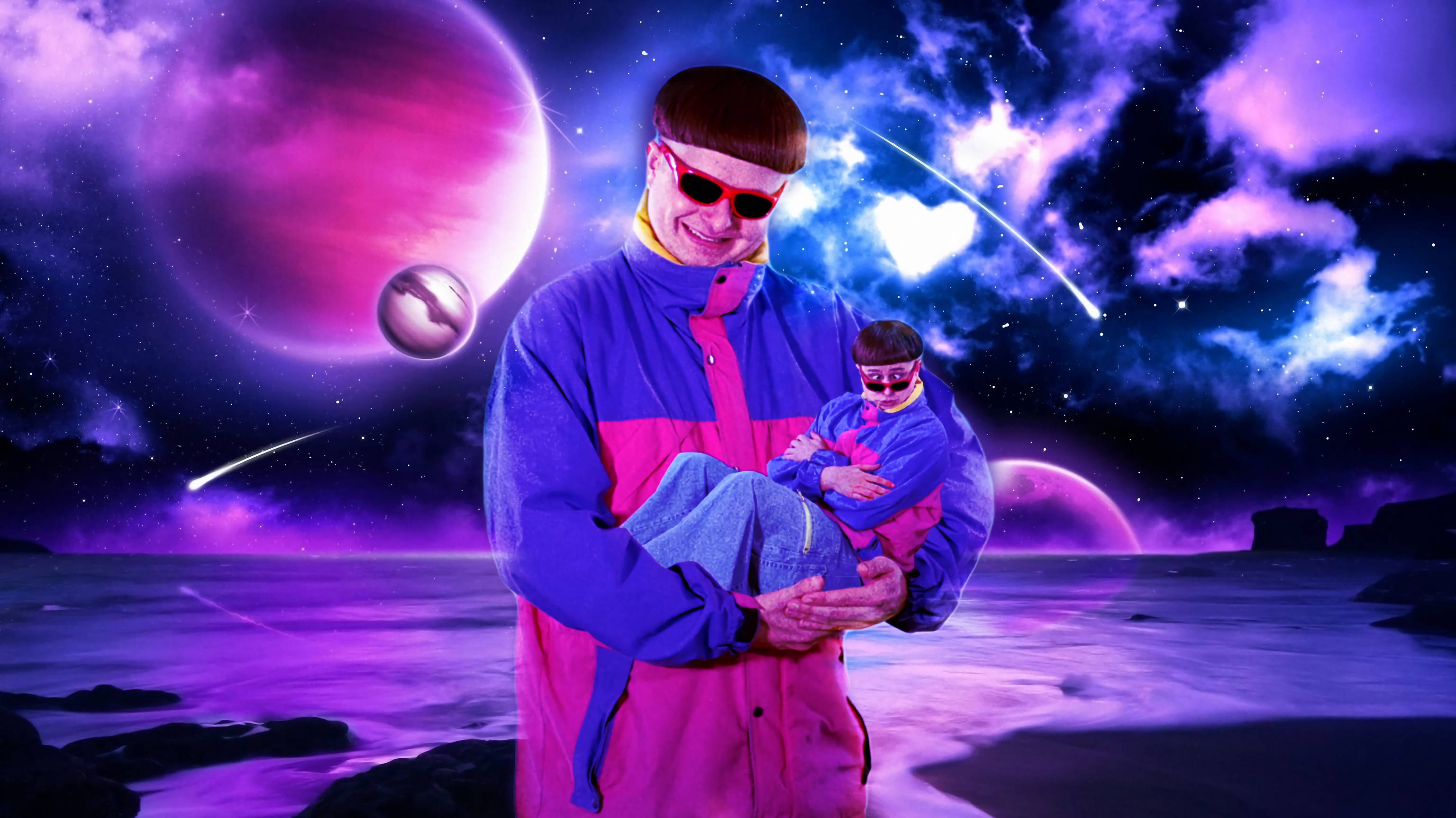 Oliver Tree, vibrant 90s jacket, surreal purple alien beach, 2K Desktop Wallpaper