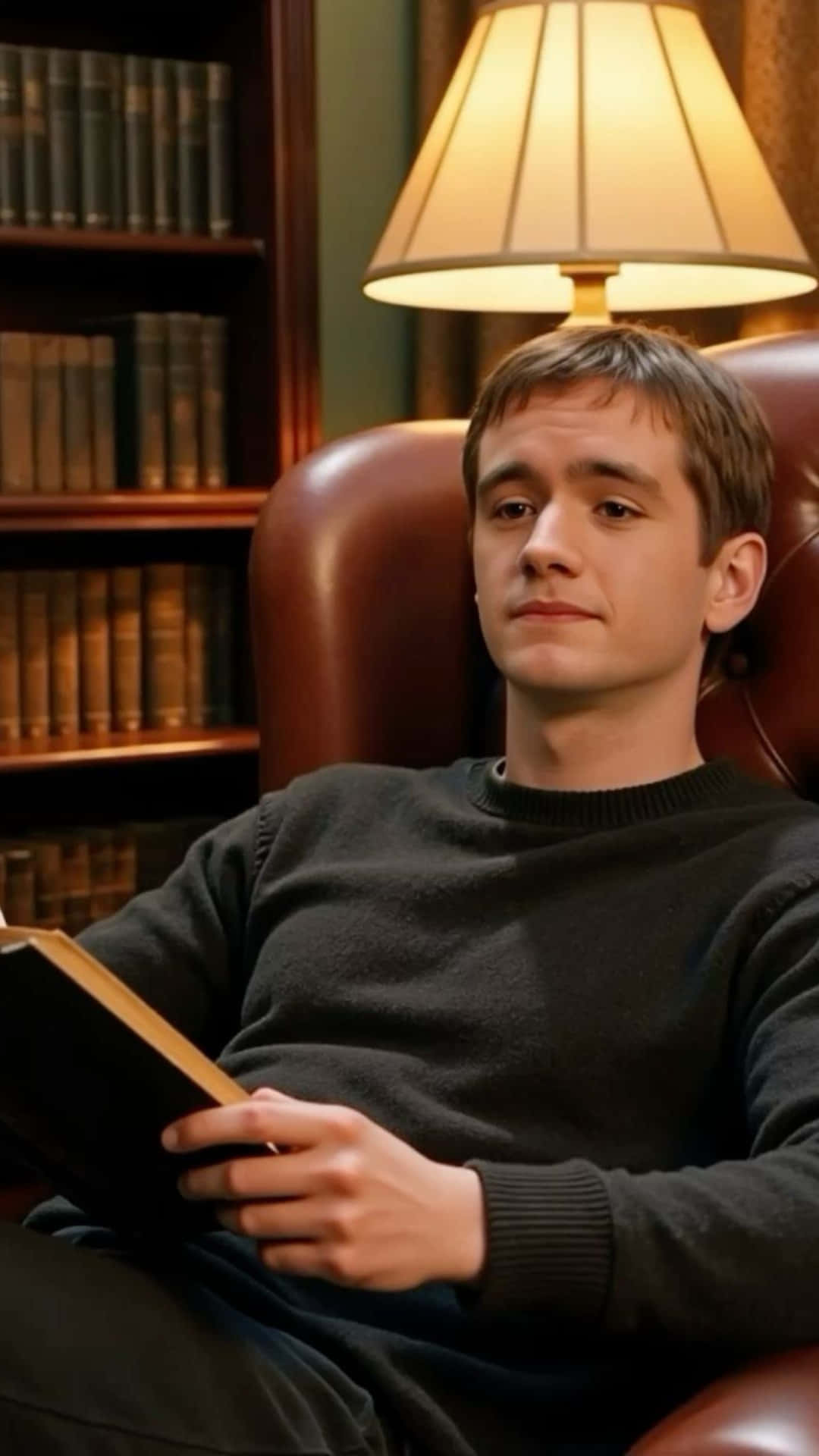 Oliver Wood, leather armchair, book, Full HD Phone Wallpaper