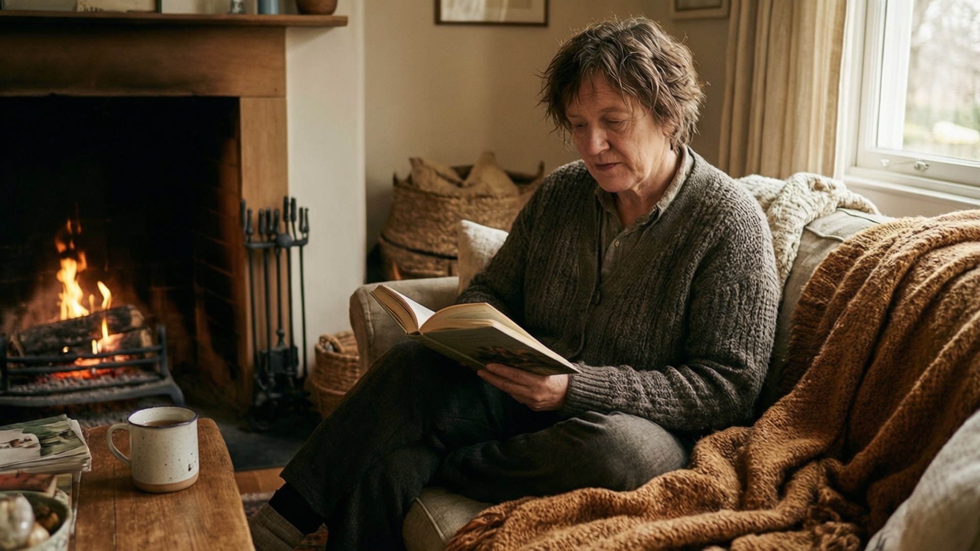 Olivia Colman, fire, cozy domestic scene, Full HD Desktop Wallpaper