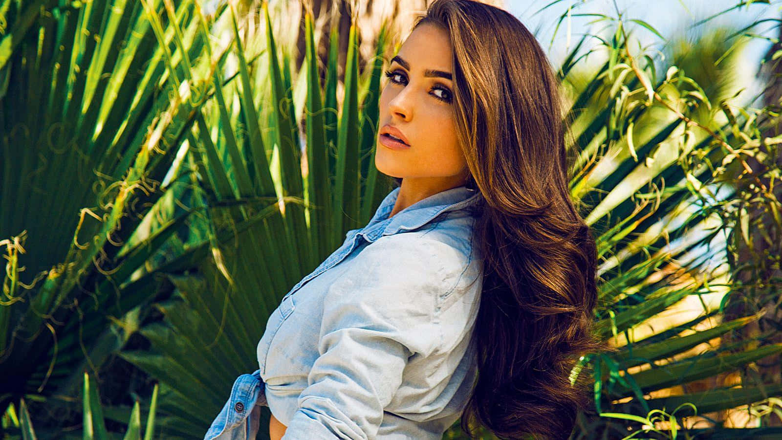 Olivia Culpo, denim shirt, lush green palm fronds, HD Desktop Wallpaper