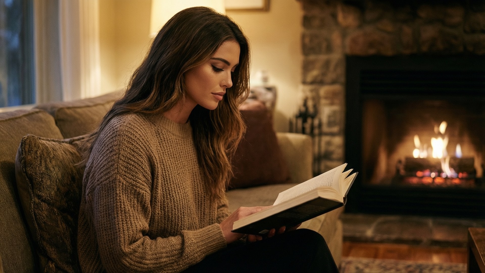 Olivia Culpo, cozy reading nook, indoor setting, Full HD Desktop Wallpaper