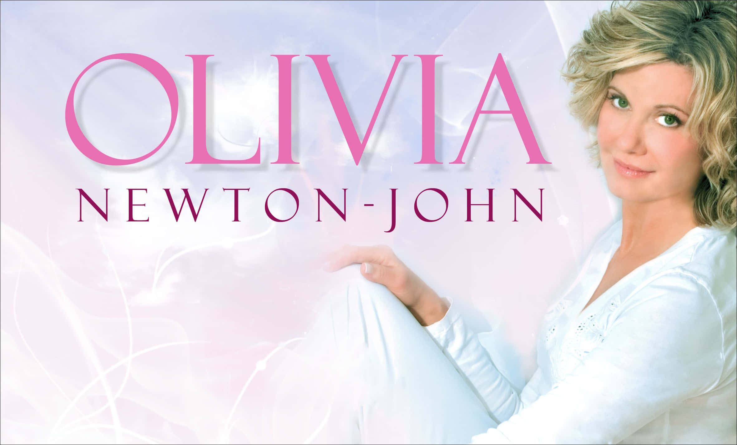 Olivia Newton John, white outfit, dreamy pink and white ethereal background, Full HD Desktop Wallpaper
