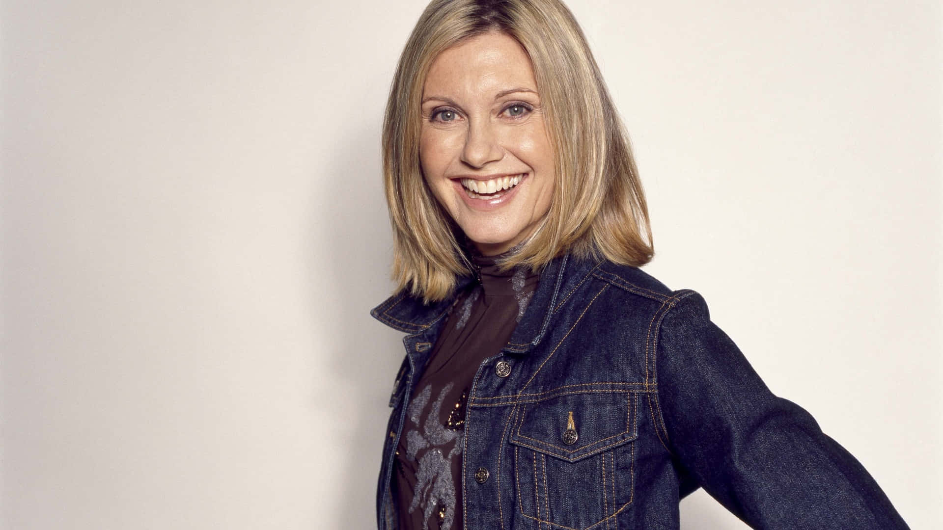 Olivia Newton John, denim jacket, blonde hair, Full HD Desktop Wallpaper