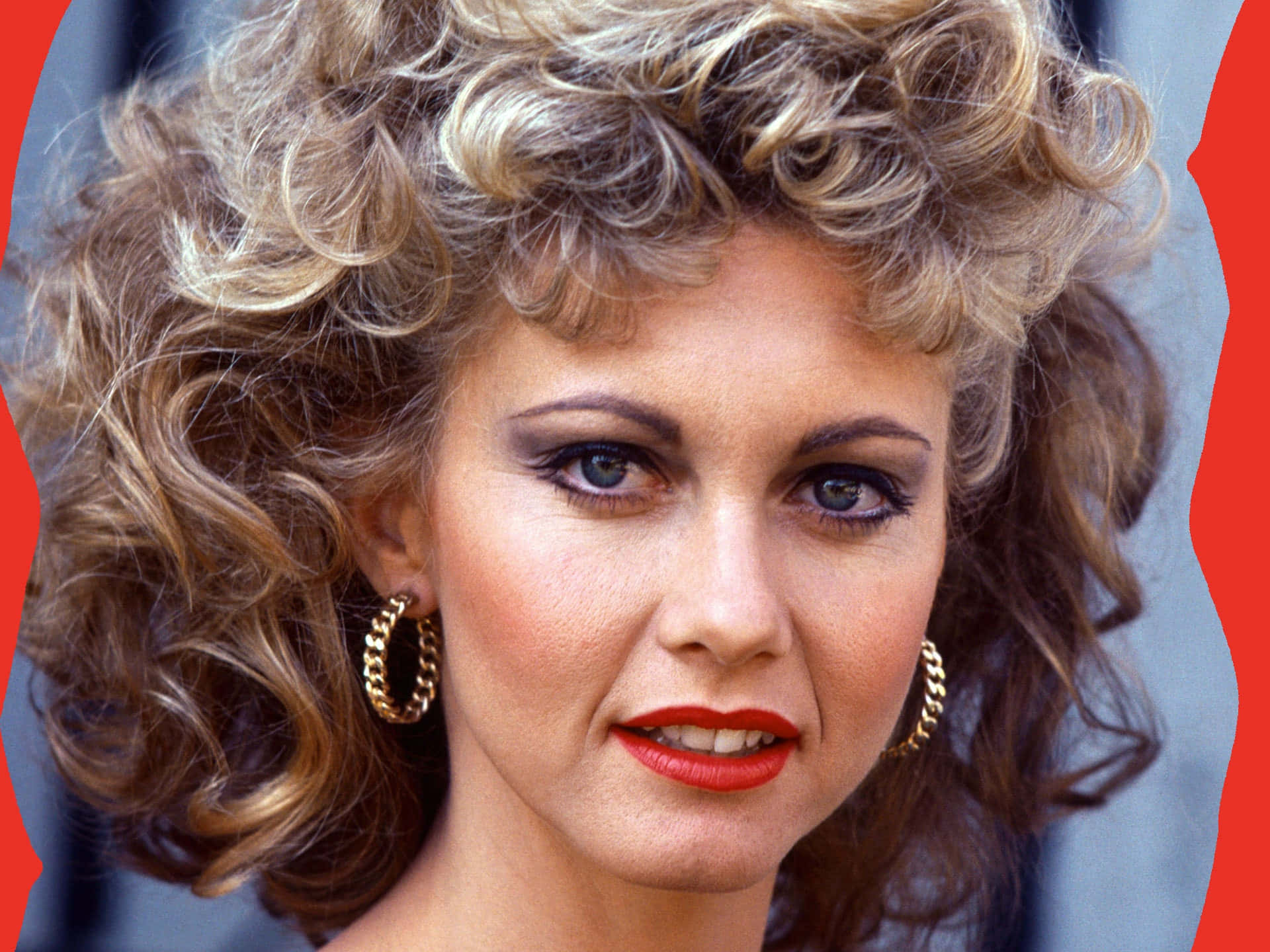 Olivia Newton John, red lipstick, voluminous blonde curls, Full HD Desktop Wallpaper
