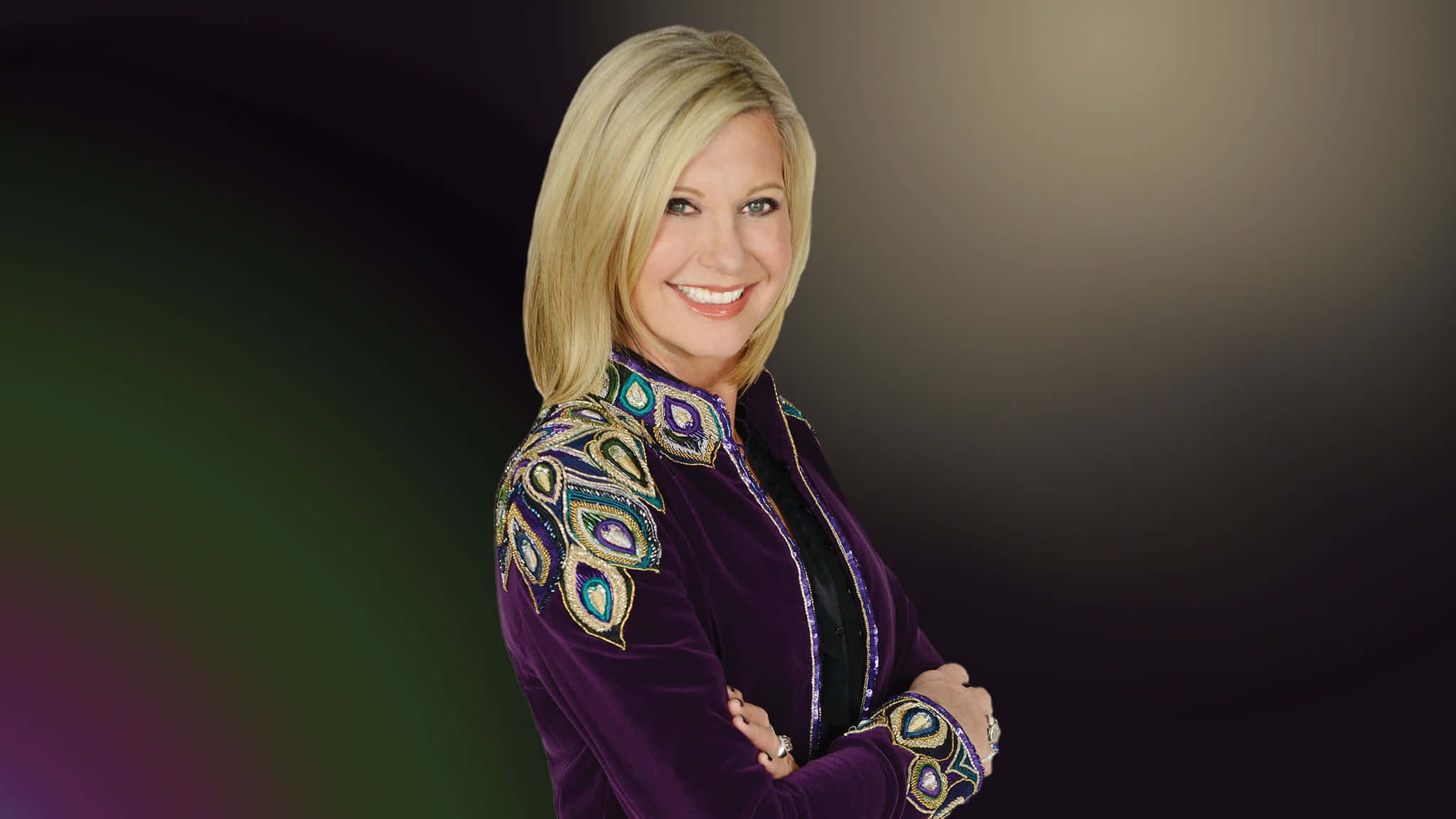 Olivia Newton John, peacock-inspired jacket, purple velvet jacket, Full HD Desktop Wallpaper