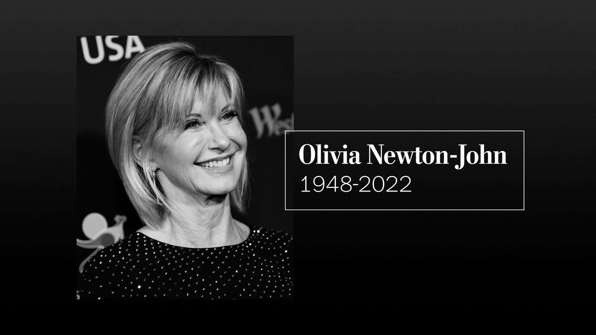 Olivia Newton John, black memorial poster, black and white portrait, Full HD Desktop Wallpaper