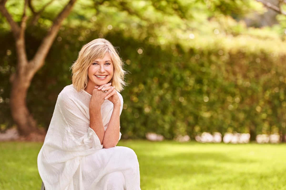 Olivia Newton-John, white dress, dappled sunlight, SD Desktop Wallpaper