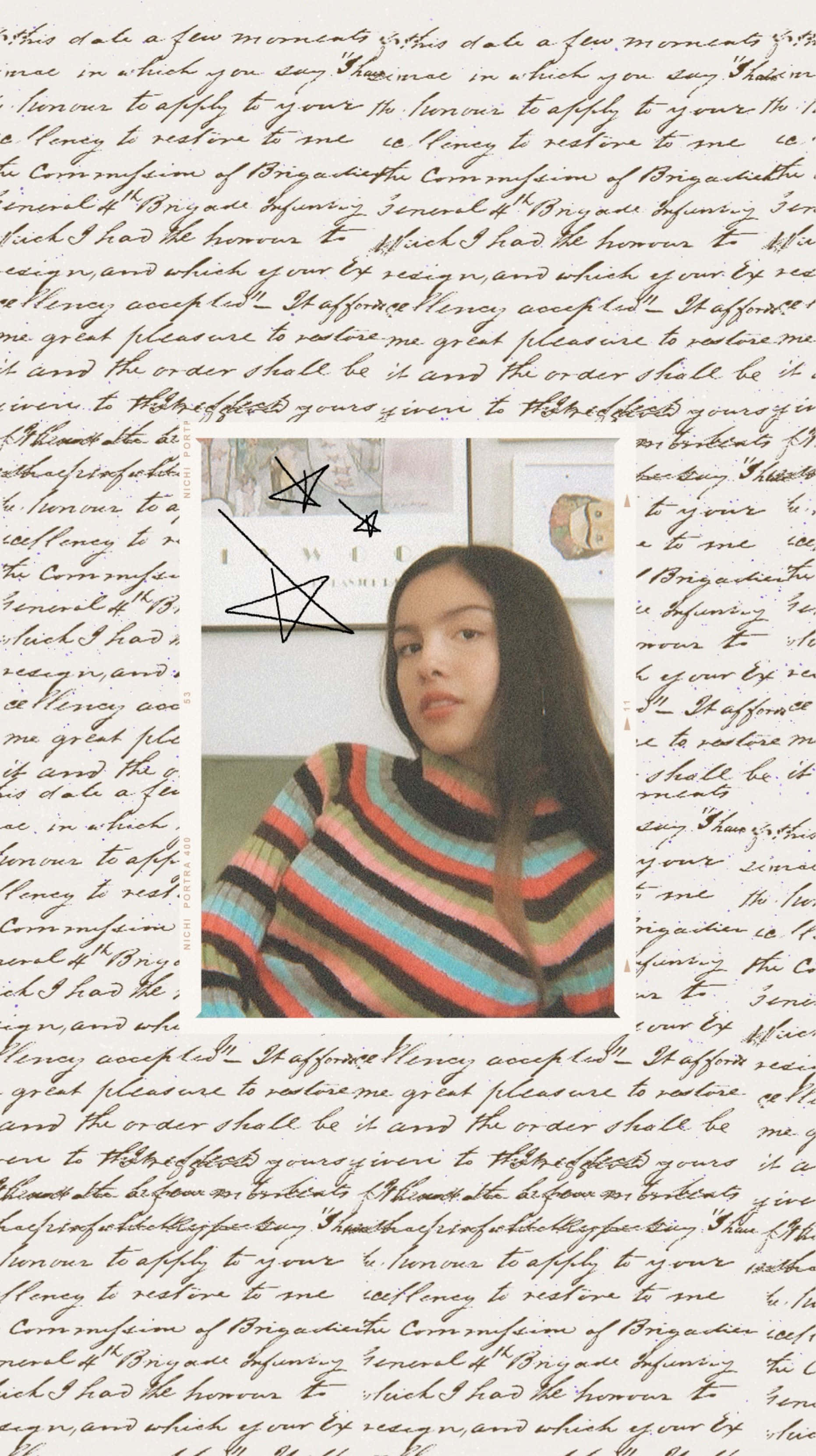 Olivia Rodrigo, colorful striped sweater, handwritten script, 2K Phone Wallpaper