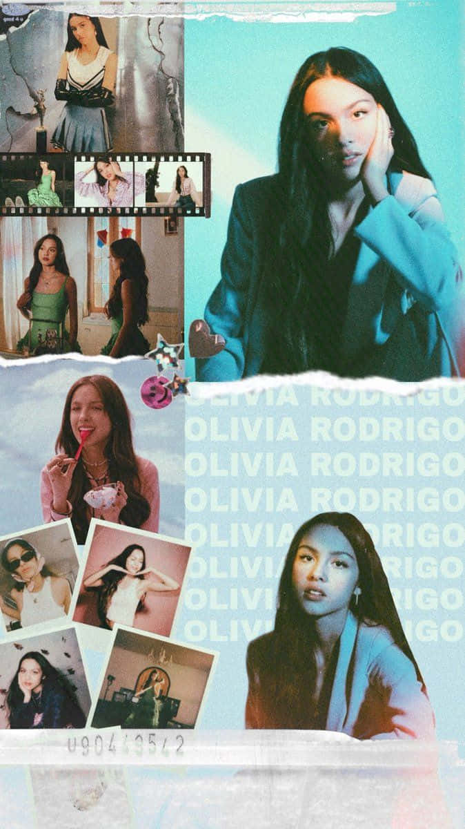 Olivia Rodrigo, teal background, torn edges, SD Phone Wallpaper