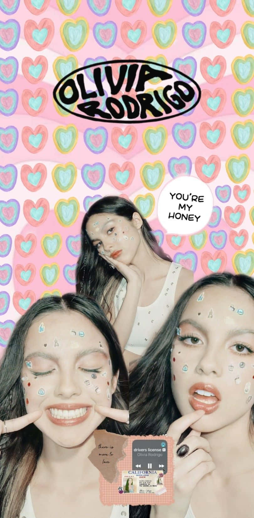 Olivia Rodrigo, heart-patterned background, glittery face stickers, HD Phone Wallpaper