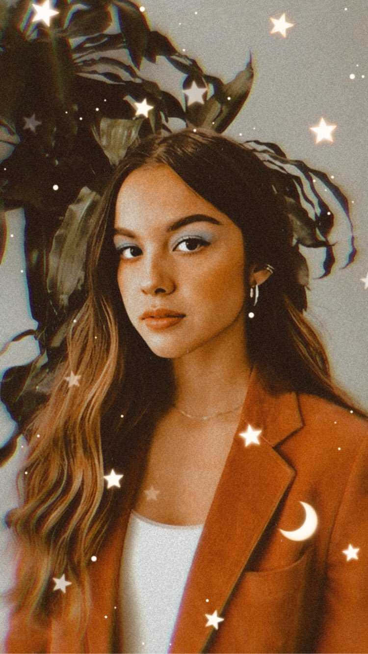 Olivia Rodrigo, long brown hair, starry cosmic elements, HD Phone Wallpaper