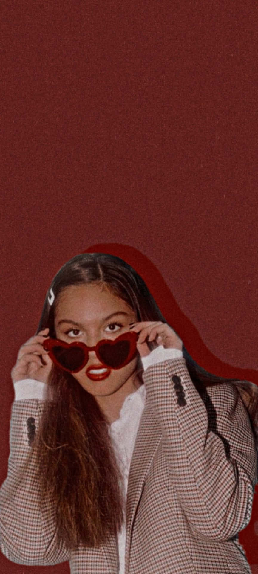 Olivia Rodrigo, heart-shaped red sunglasses, deep red background, Full HD Phone Wallpaper