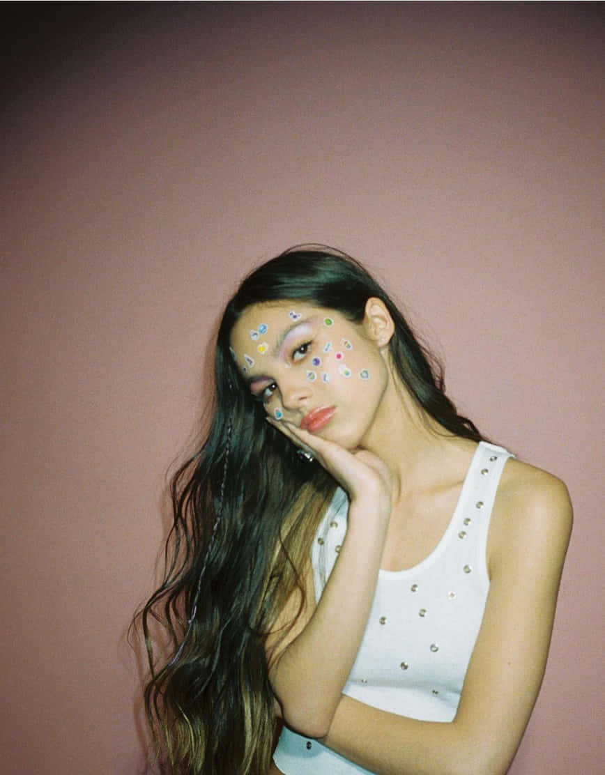 Olivia Rodrigo, long dark hair, colorful face stickers, SD Phone Wallpaper