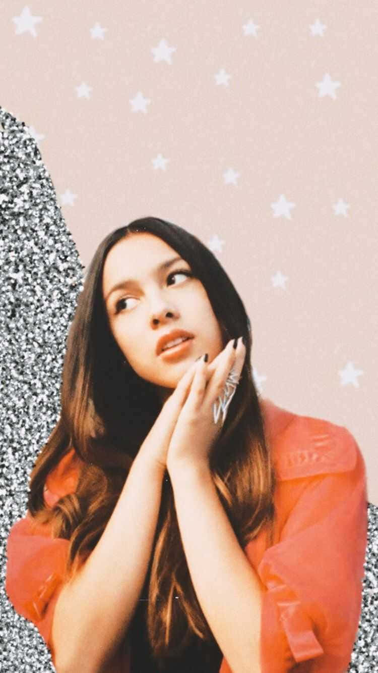 Olivia Rodrigo, orange blouse, pink starry background, HD Phone Wallpaper