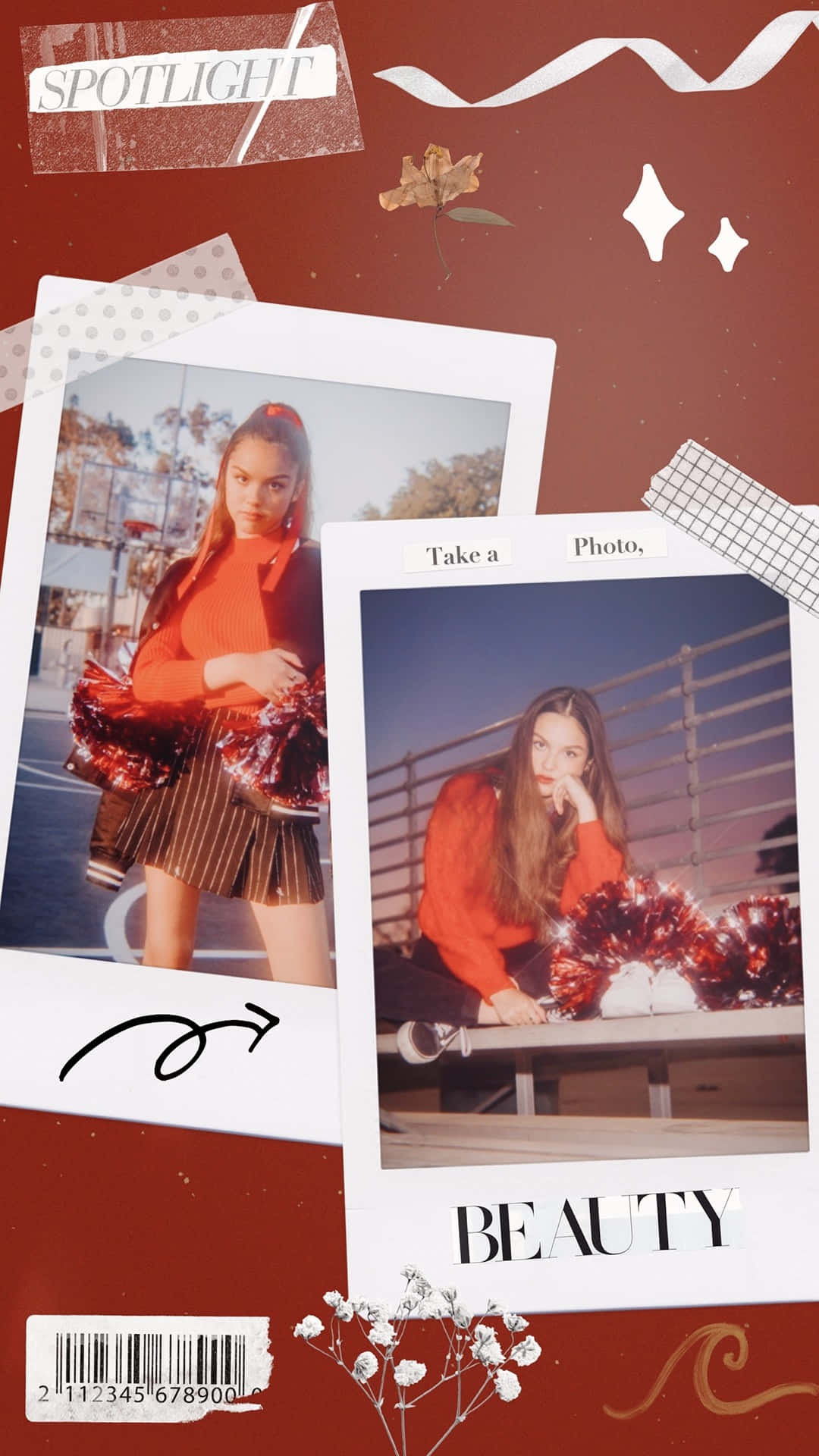 Olivia Rodrigo, red cheerleading attire, polaroid photos, Full HD Phone Wallpaper
