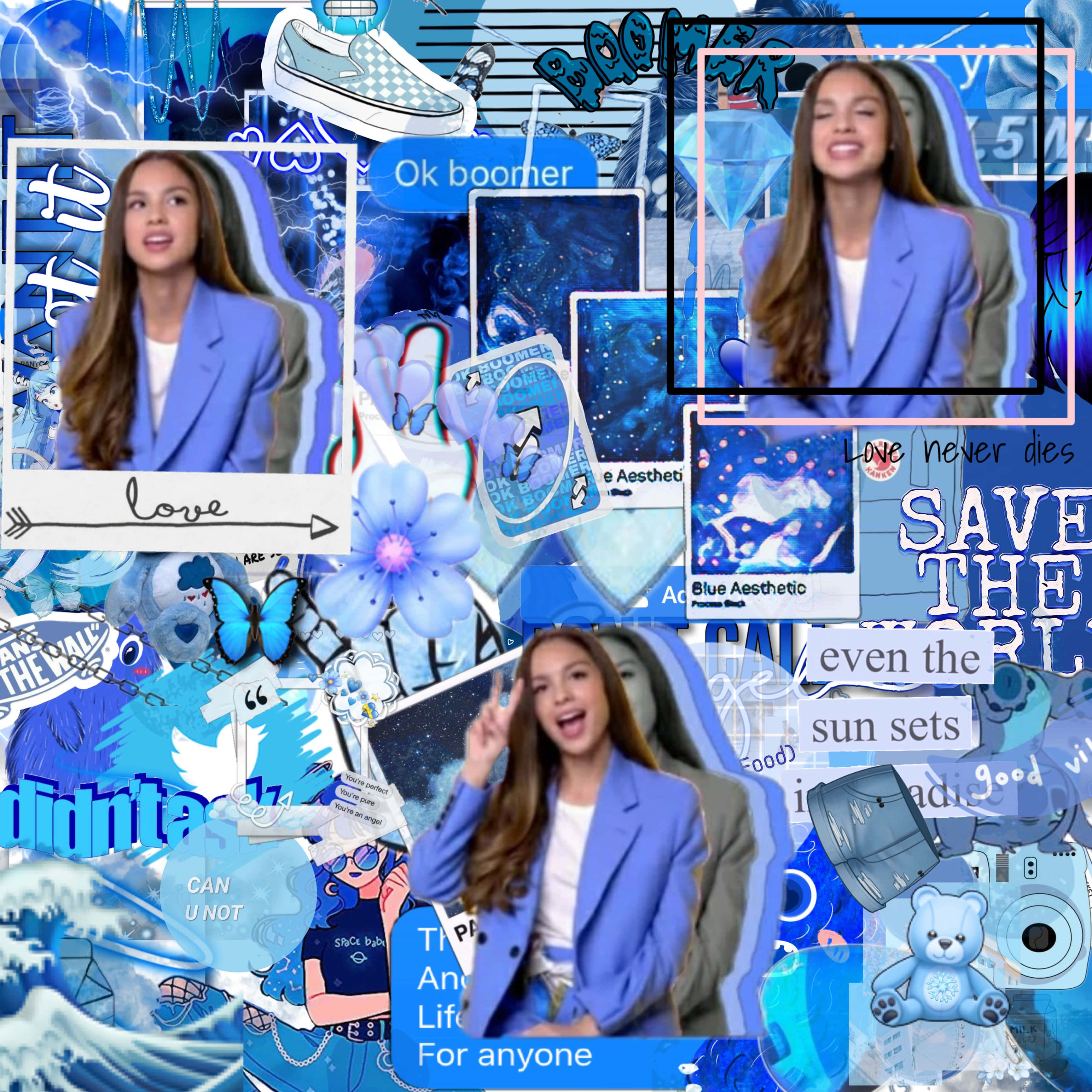 Olivia Rodrigo, vibrant blue, digital collage, 2K Desktop Wallpaper