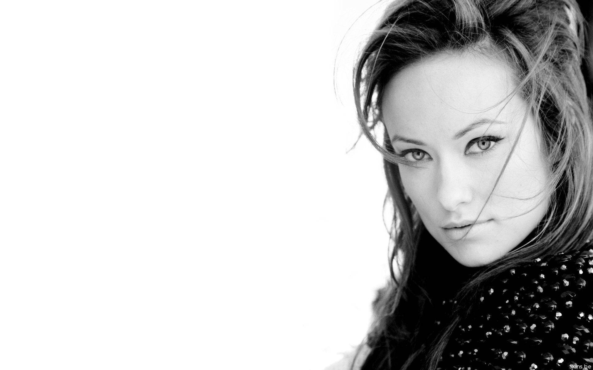 Olivia Wilde, black and white portrait, wind-swept hair, Full HD Desktop Wallpaper