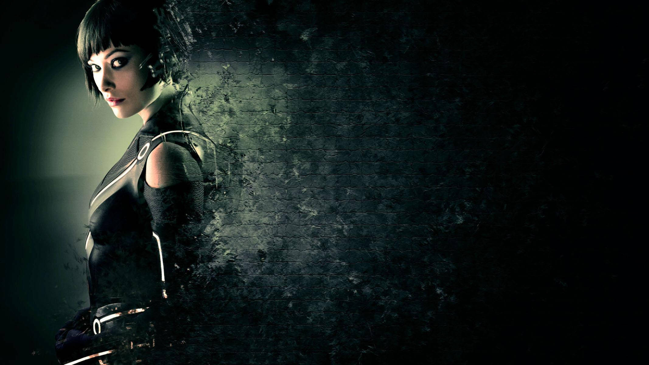 Olivia Wilde, futuristic gear, crumbling wall, Full HD Desktop Wallpaper