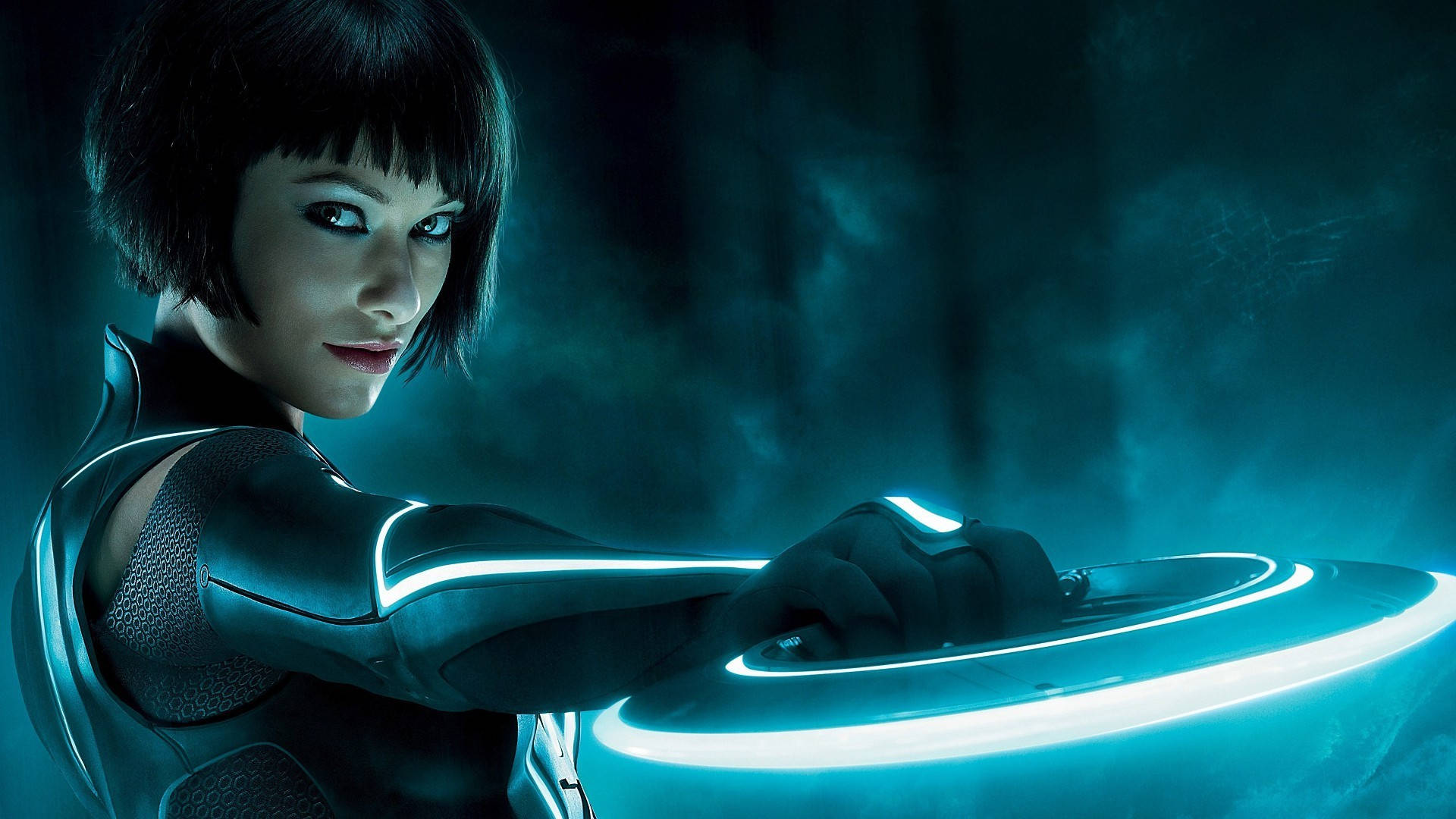 Olivia Wilde, cyberpunk warrior, glowing blue armor, Full HD Desktop Wallpaper