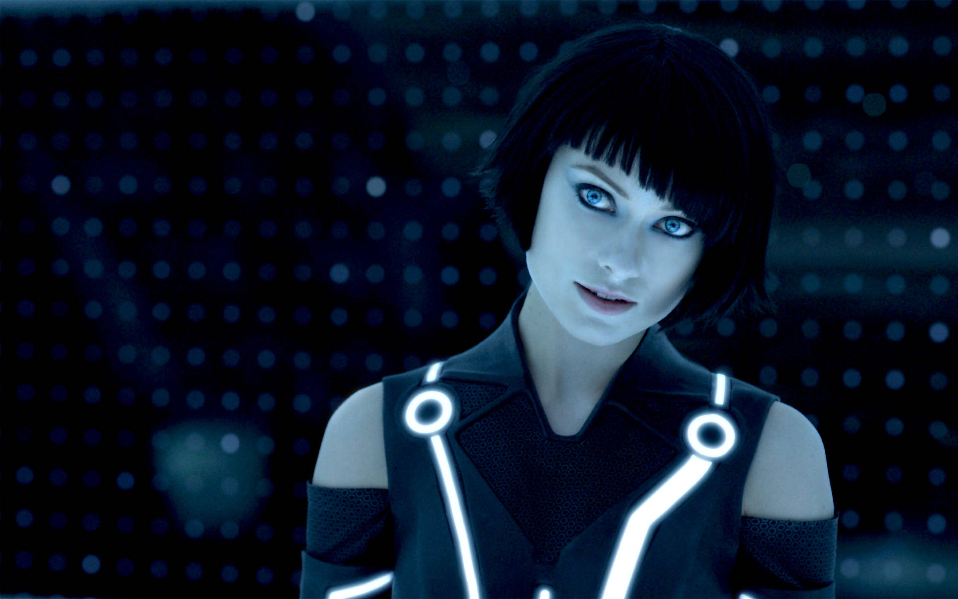 Olivia Wilde, black short hair, glowing blue eyes, Full HD Desktop Wallpaper