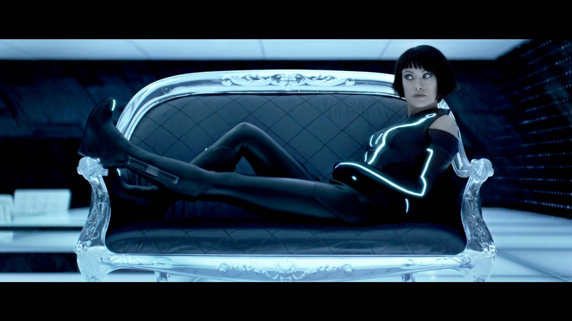 Olivia Wilde, neon bodysuit, transparent ornate couch, Full HD Desktop Wallpaper