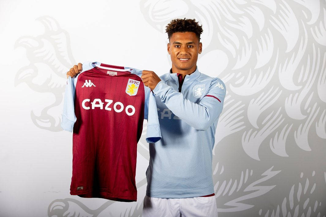 Ollie Watkins, maroon Aston Villa jersey, stylized grey and white backdrop, SD Desktop Wallpaper