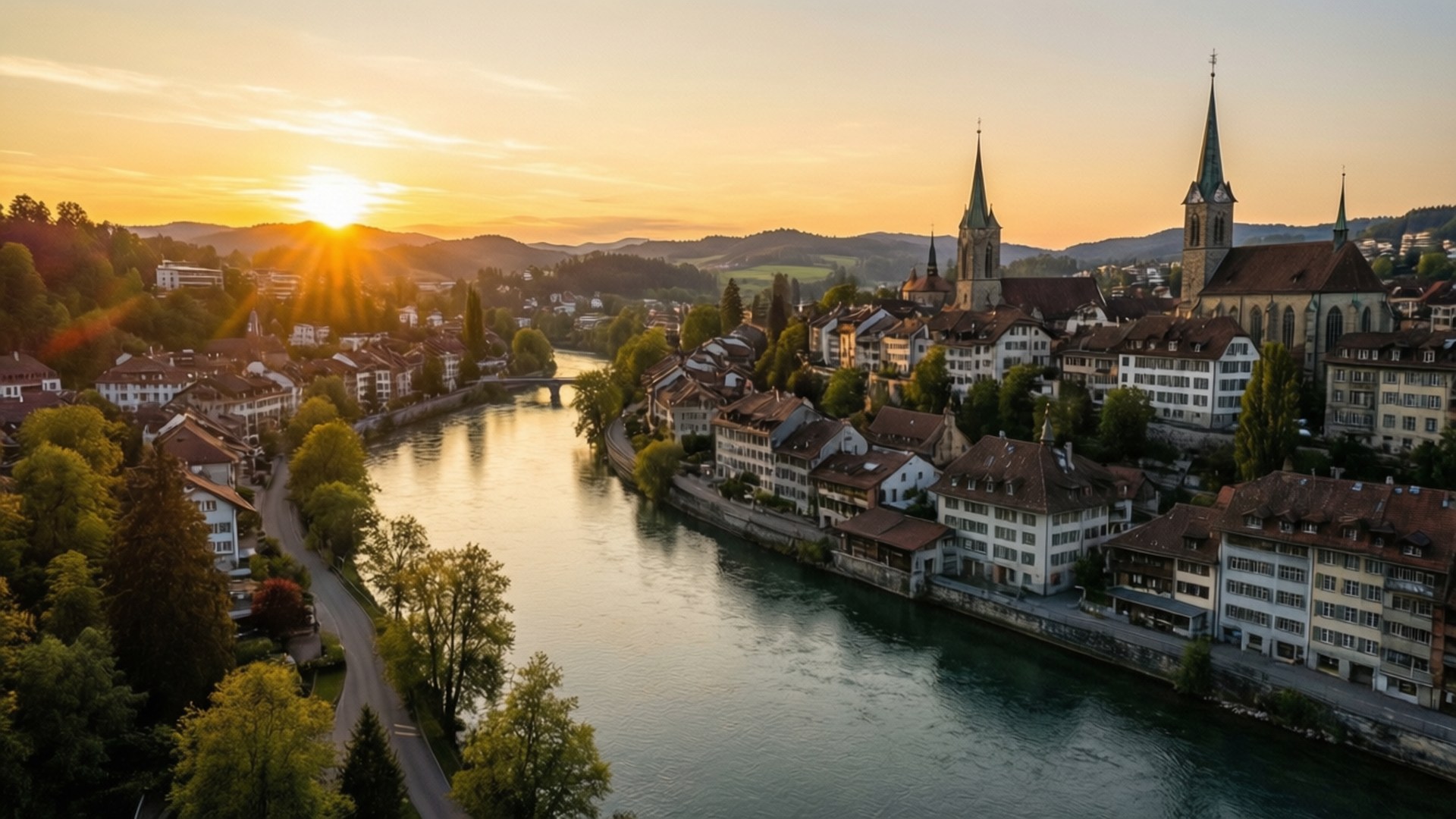 Olten, sunset, river, Full HD Desktop Wallpaper