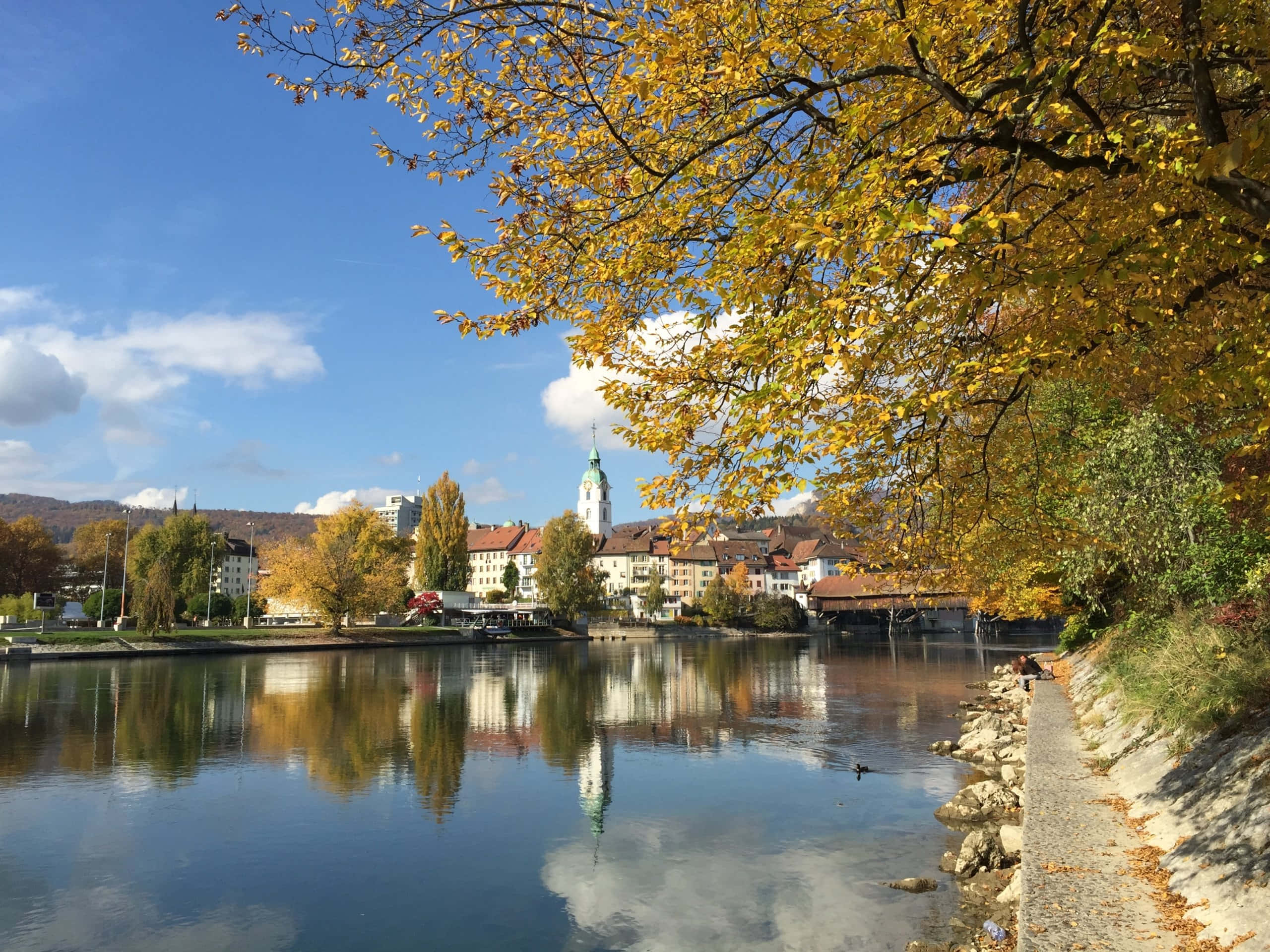 Olten, riverside, church tower, 2K Desktop Wallpaper