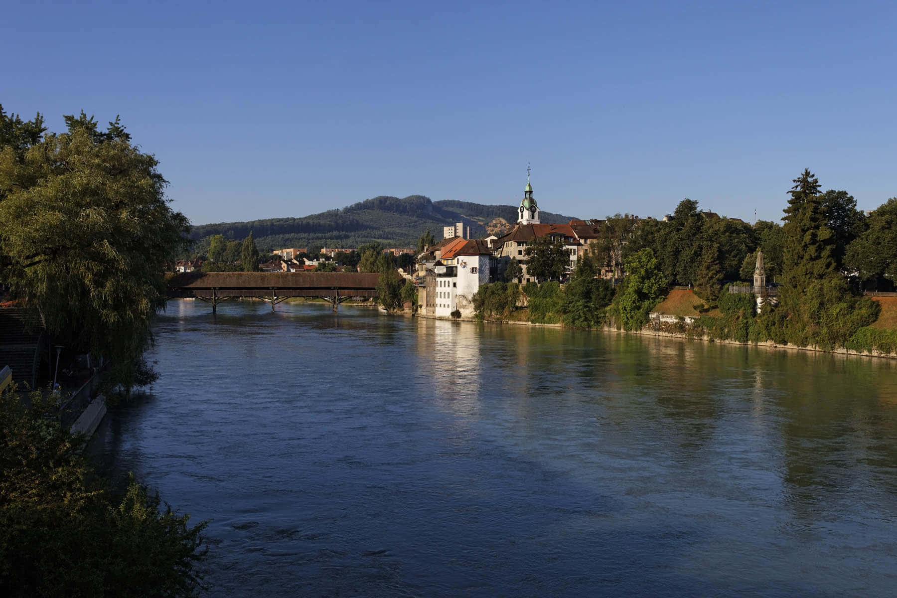 Olten, river, wooden bridge, HD Desktop Wallpaper