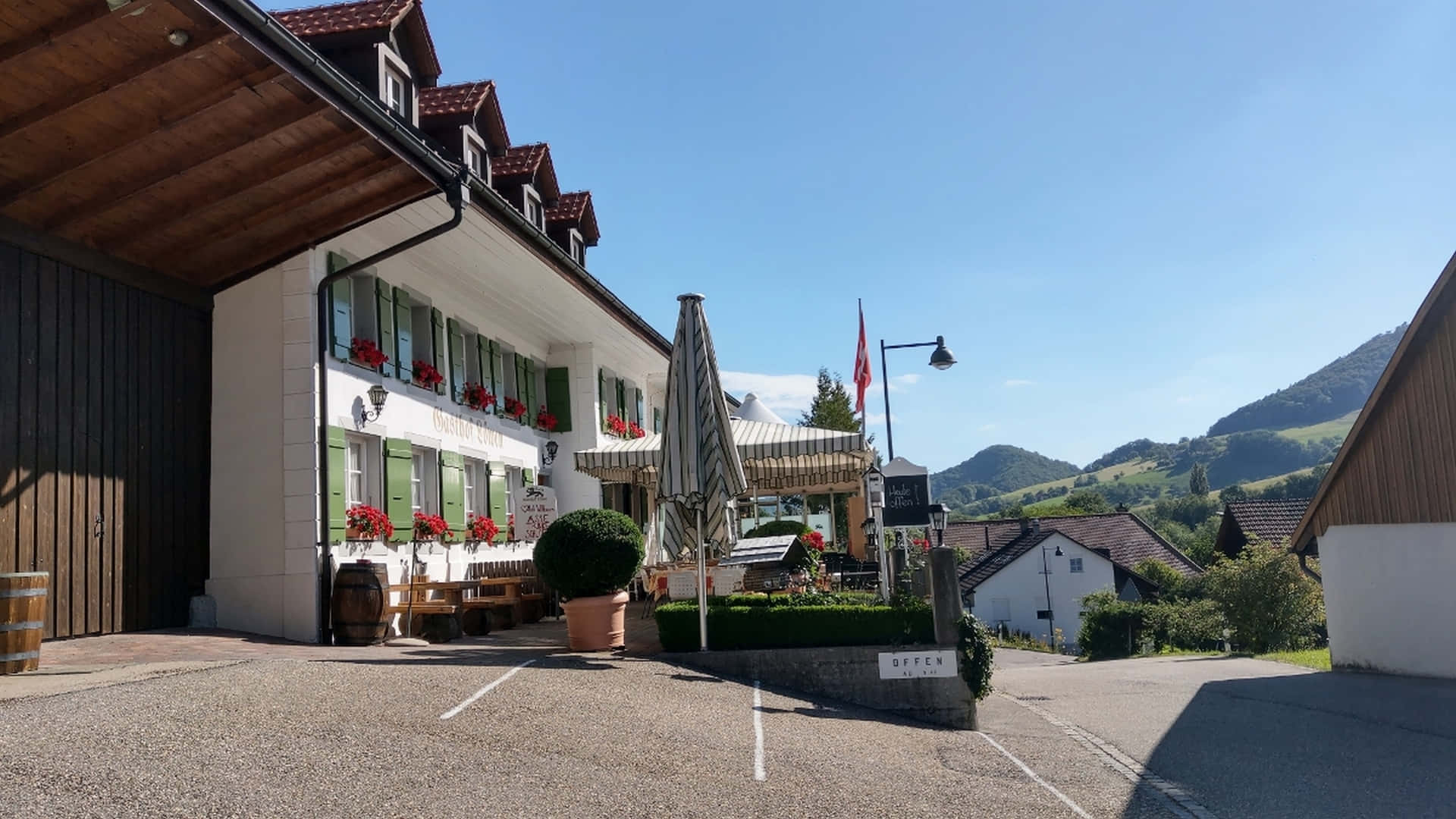 Olten, alpine village inn, red flowers, Full HD Desktop Wallpaper