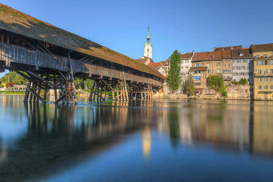 Olten, wooden covered bridge, calm river, SD Desktop Wallpaper