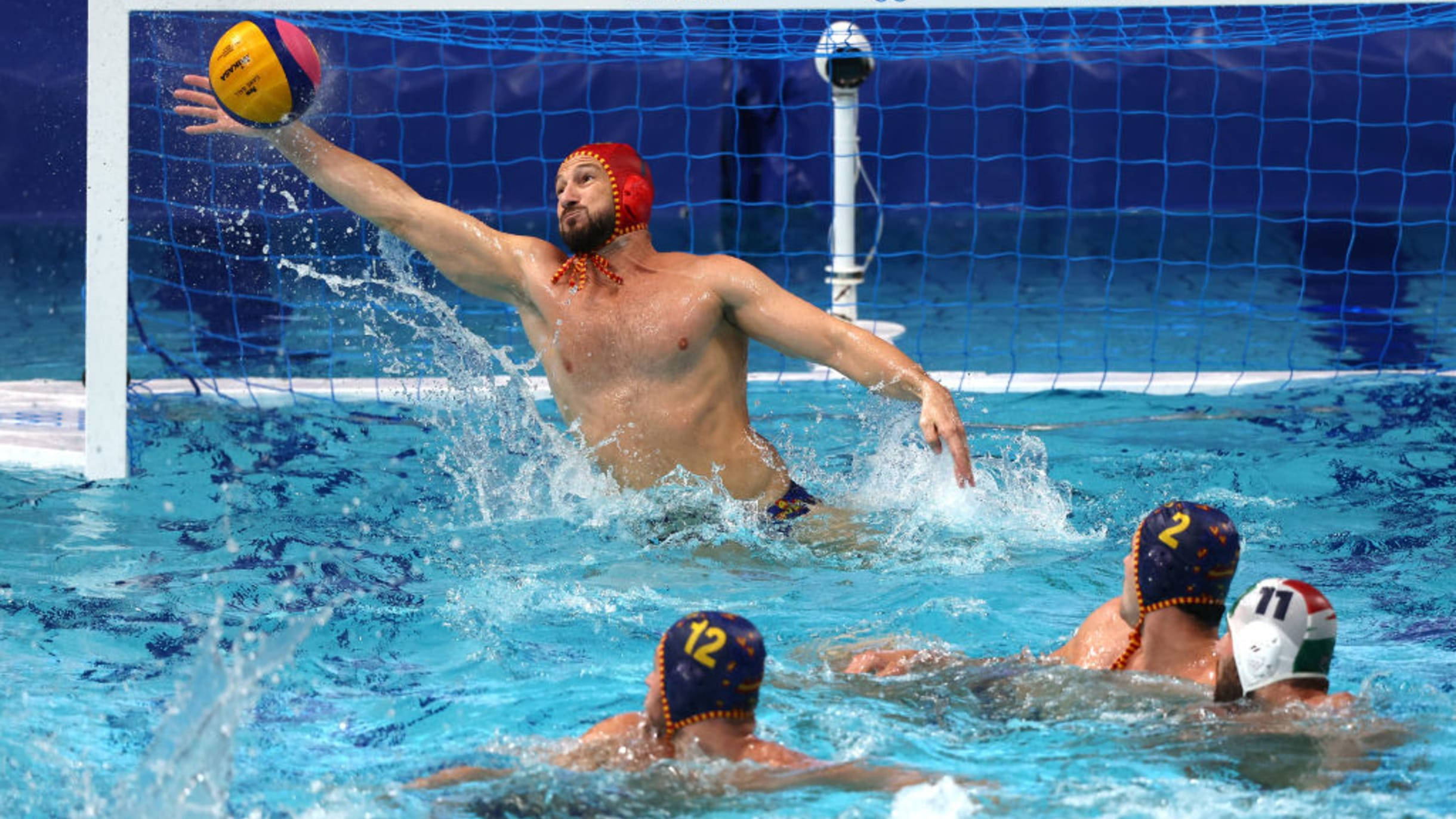 water polo goalkeeper, red cap, colorful ball, Full HD Desktop Wallpaper