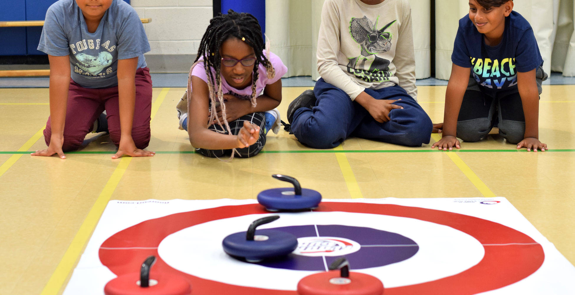 curling stones, red white and blue target mat, gym floor, Full HD Desktop Wallpaper