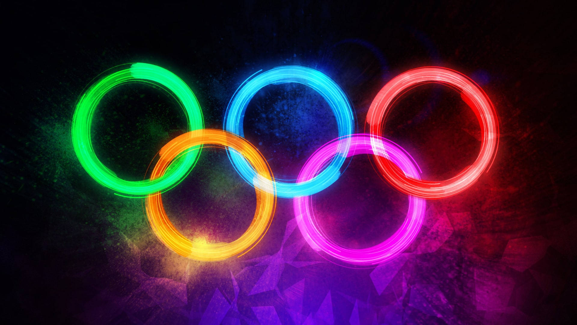 neon Olympic rings, dark textured background, cosmic particle effects, Full HD Desktop Wallpaper