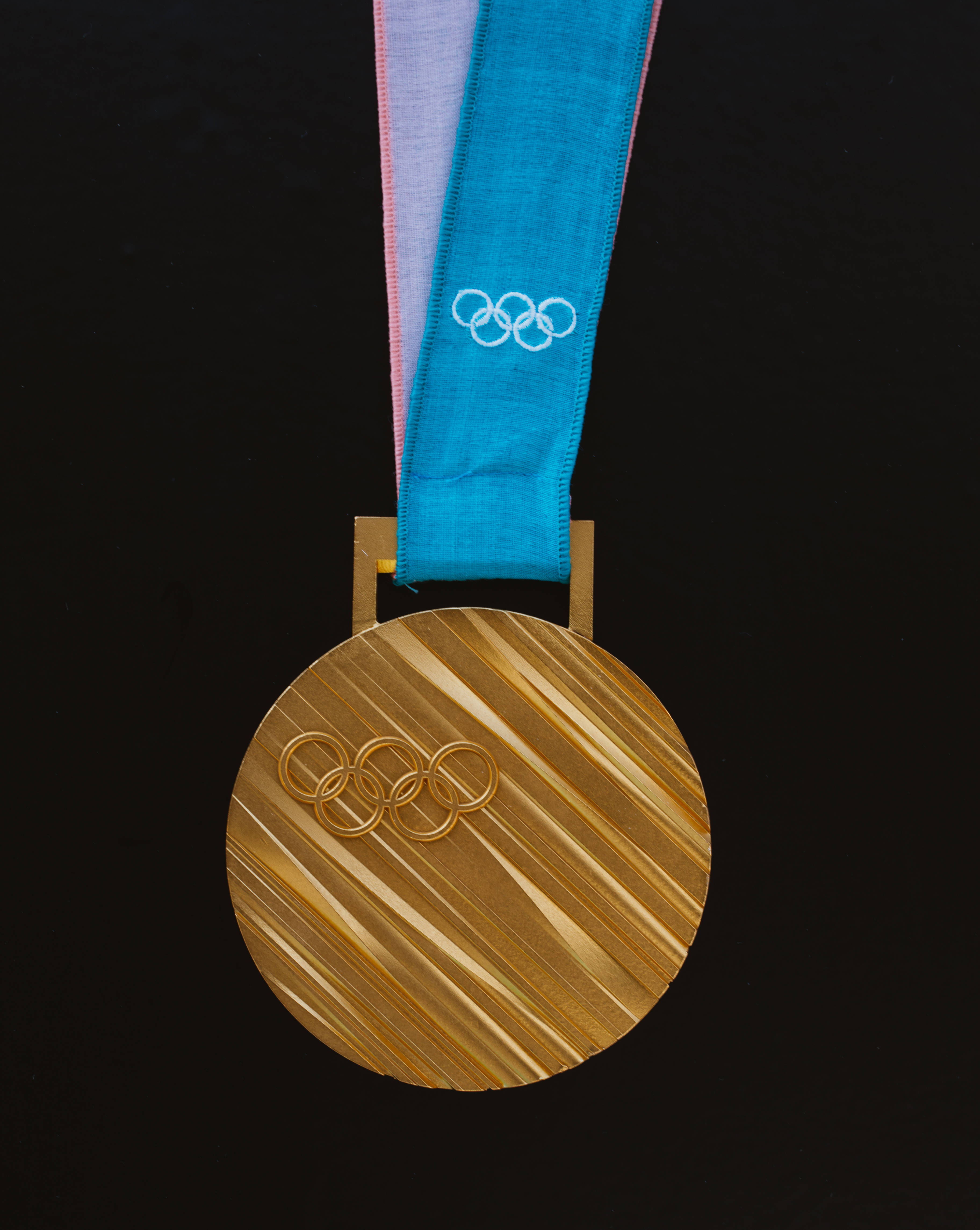 gold Olympic medal, textured surface, blue pink ribbon, 4K Phone Wallpaper