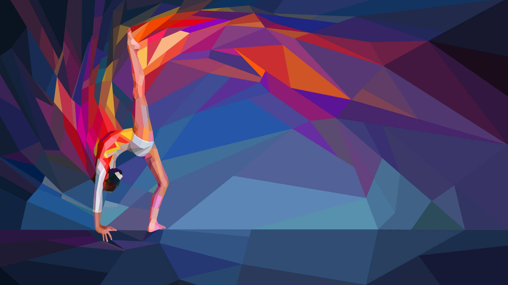 Olympic gymnast, aerial routine, vibrant geometric background, Full HD Desktop Wallpaper
