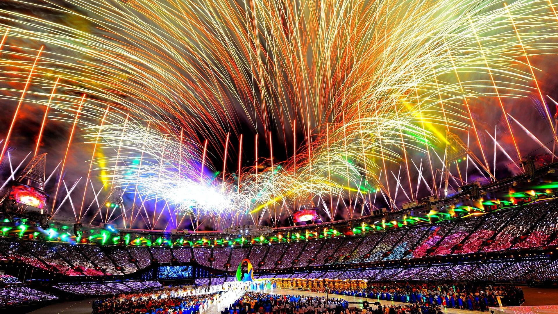 Olympics, stadium, fireworks, Full HD Desktop Wallpaper
