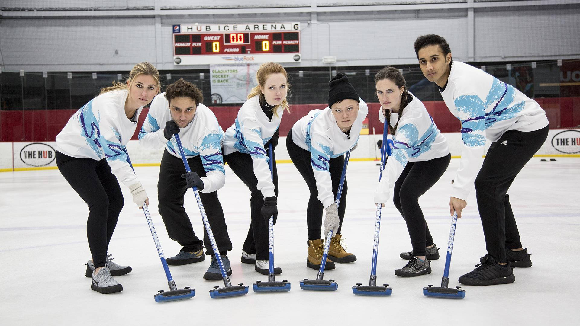curling, ice rink, white and blue uniforms, Full HD Desktop Wallpaper