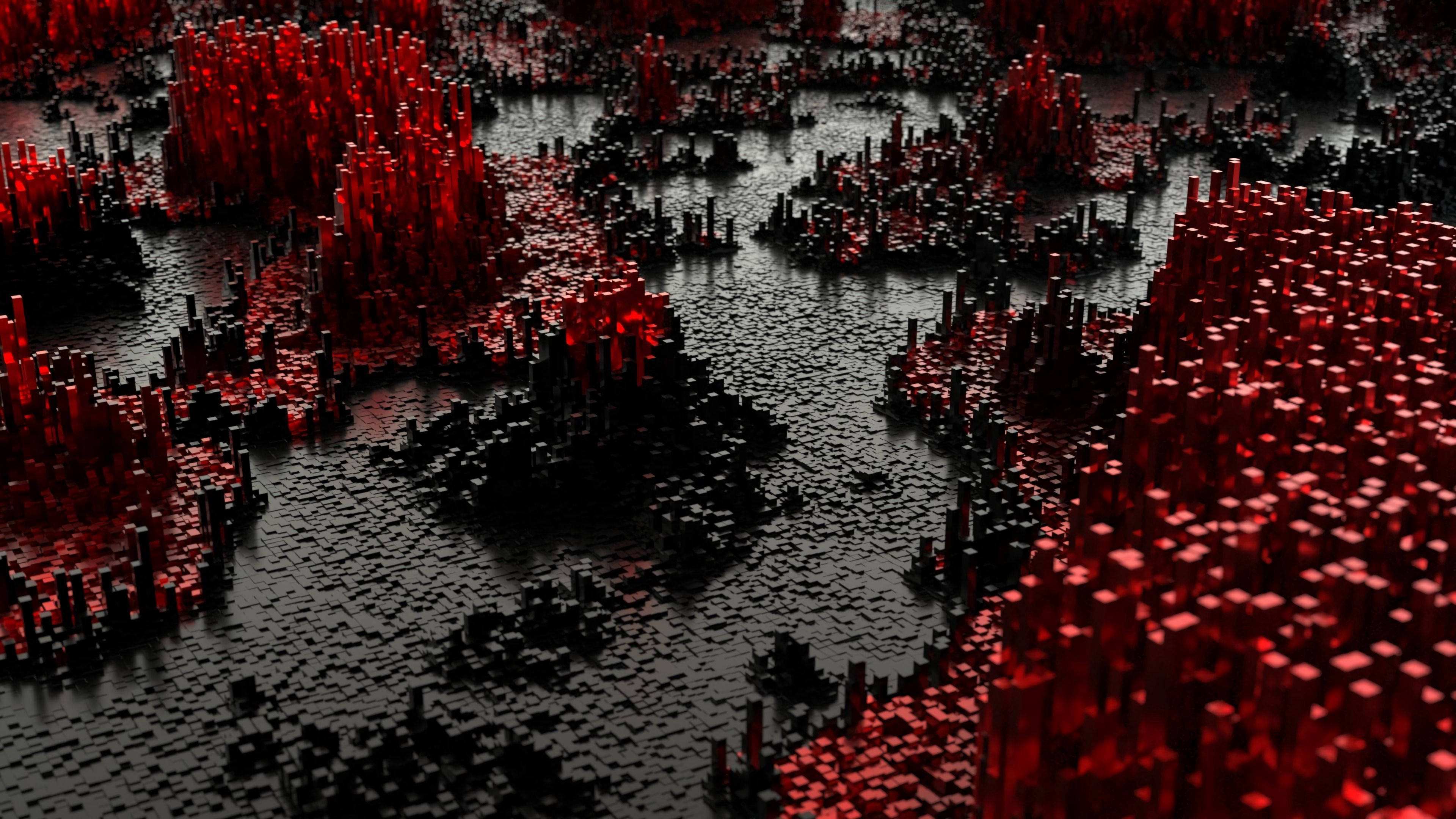 red and black, 3d pixel landscape, glowing red geometric spikes, 4K Desktop Wallpaper