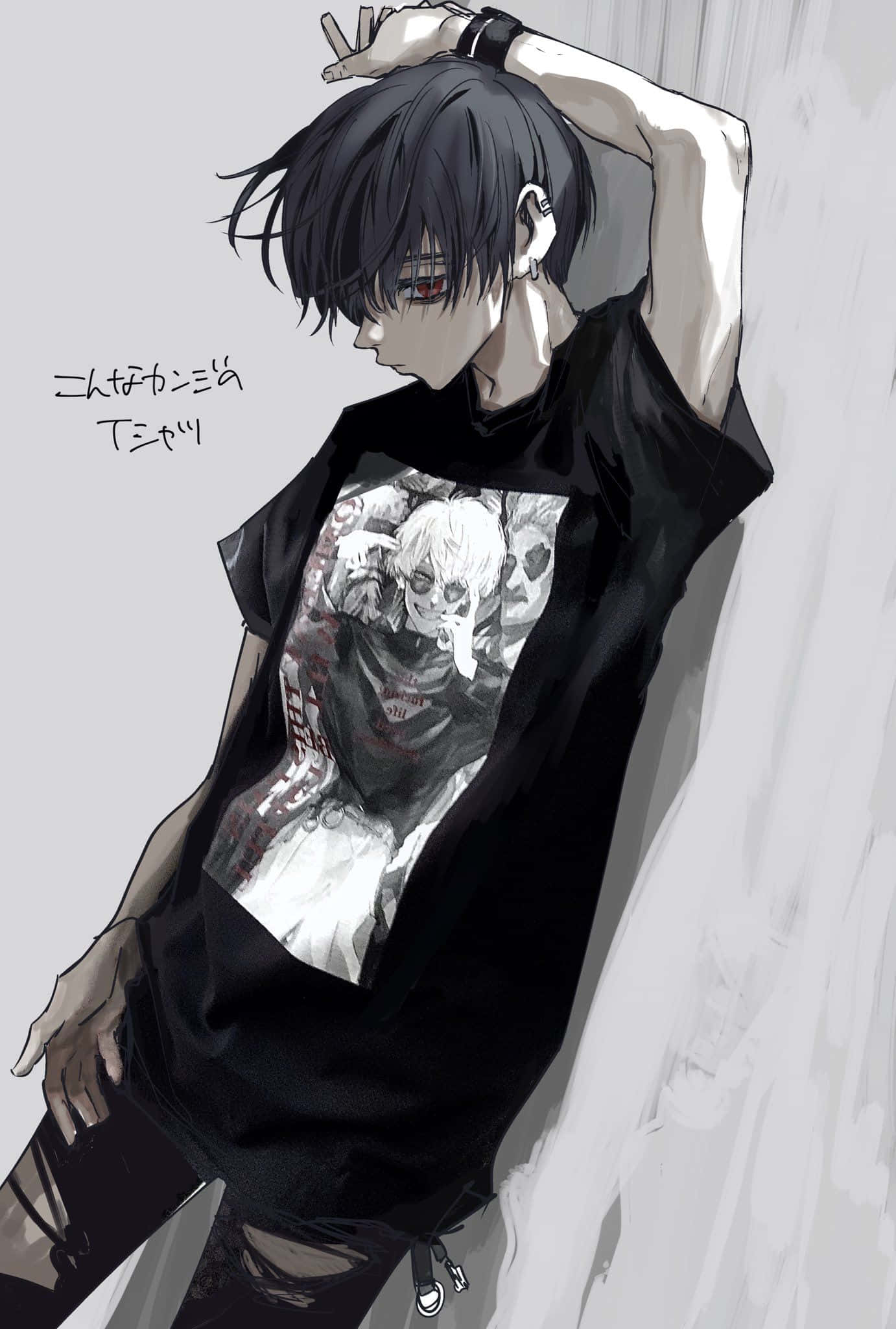 emo anime boy, dark hair, red eyes, Full HD Phone Wallpaper