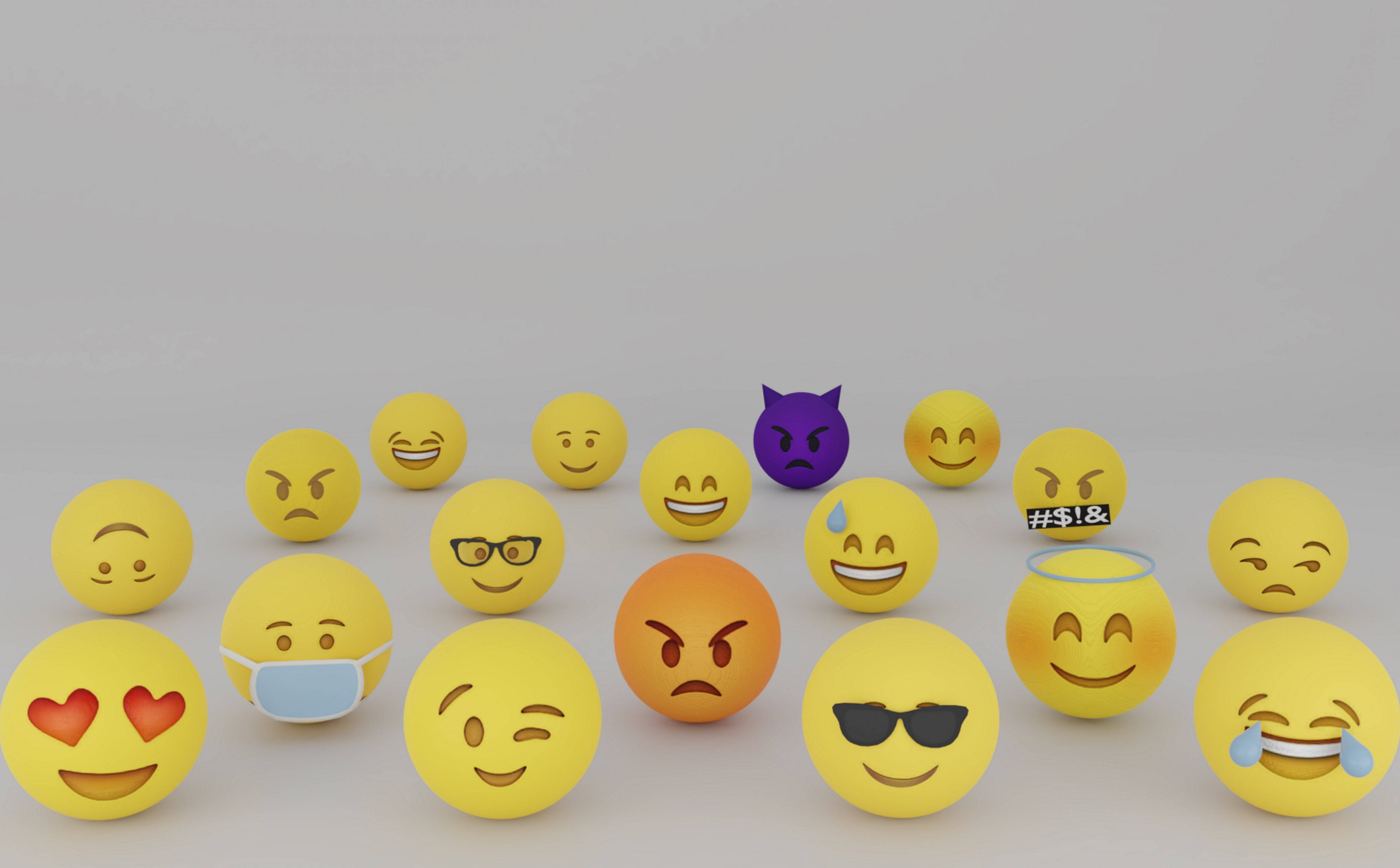Happy Emoji Lineup, 3d emoji spheres, laughing, 5K Desktop Wallpaper