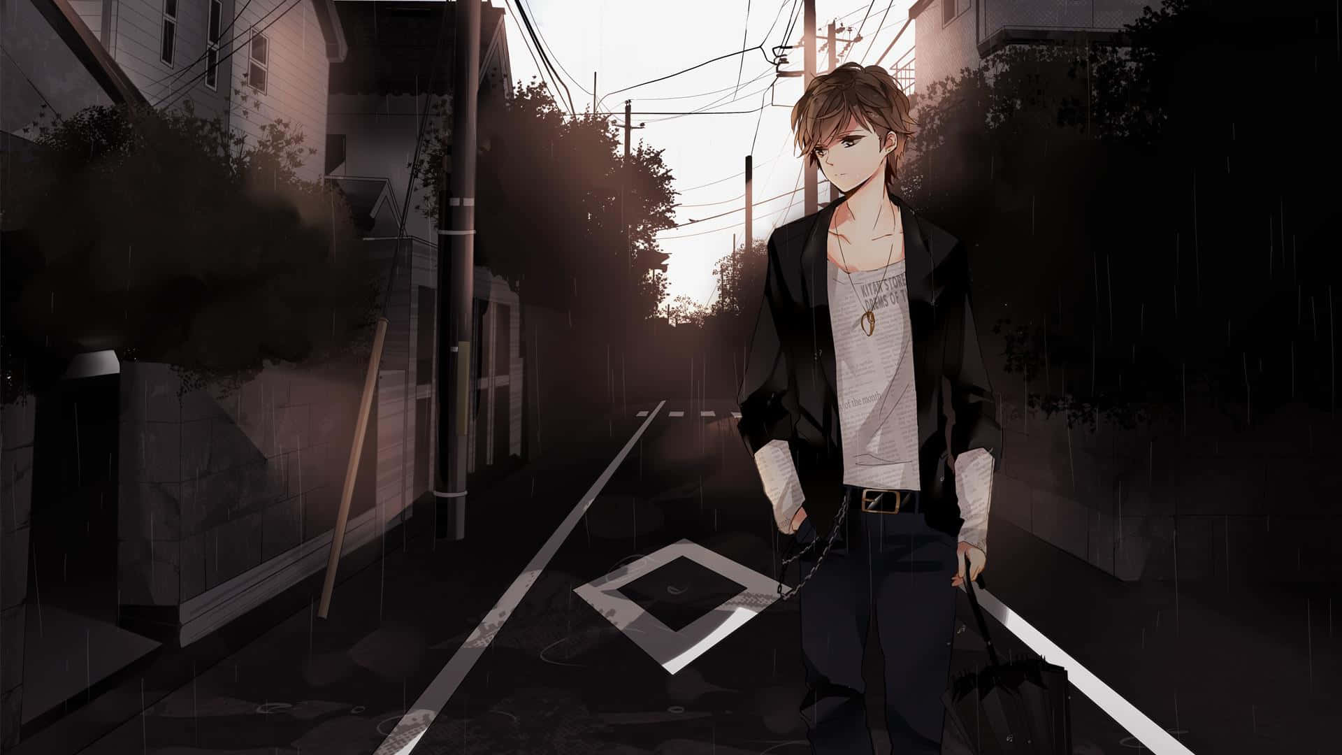 emo anime, anime boy, rain-slicked alley, Full HD Desktop Wallpaper