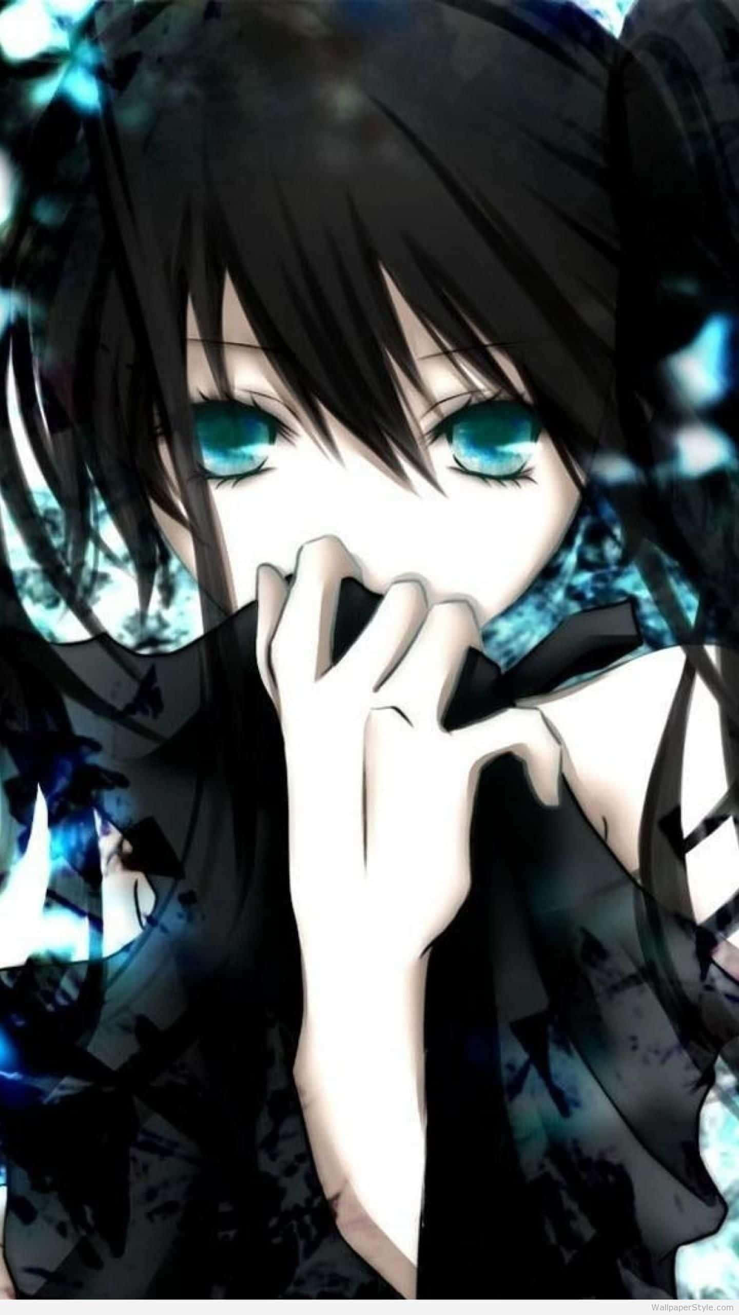 emo girl, anime girl, glowing teal eyes, 2K Phone Wallpaper