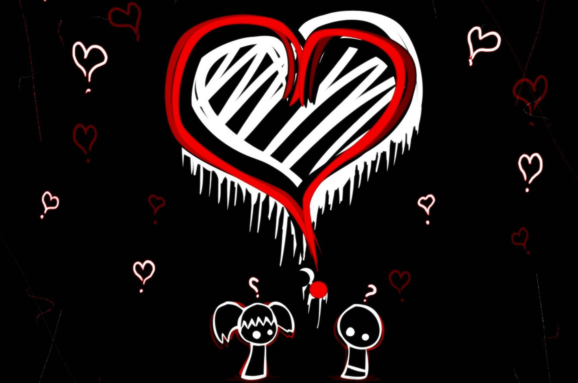 cartoon emo boy and girl, red and white heart, jagged edges, Full HD Desktop Wallpaper