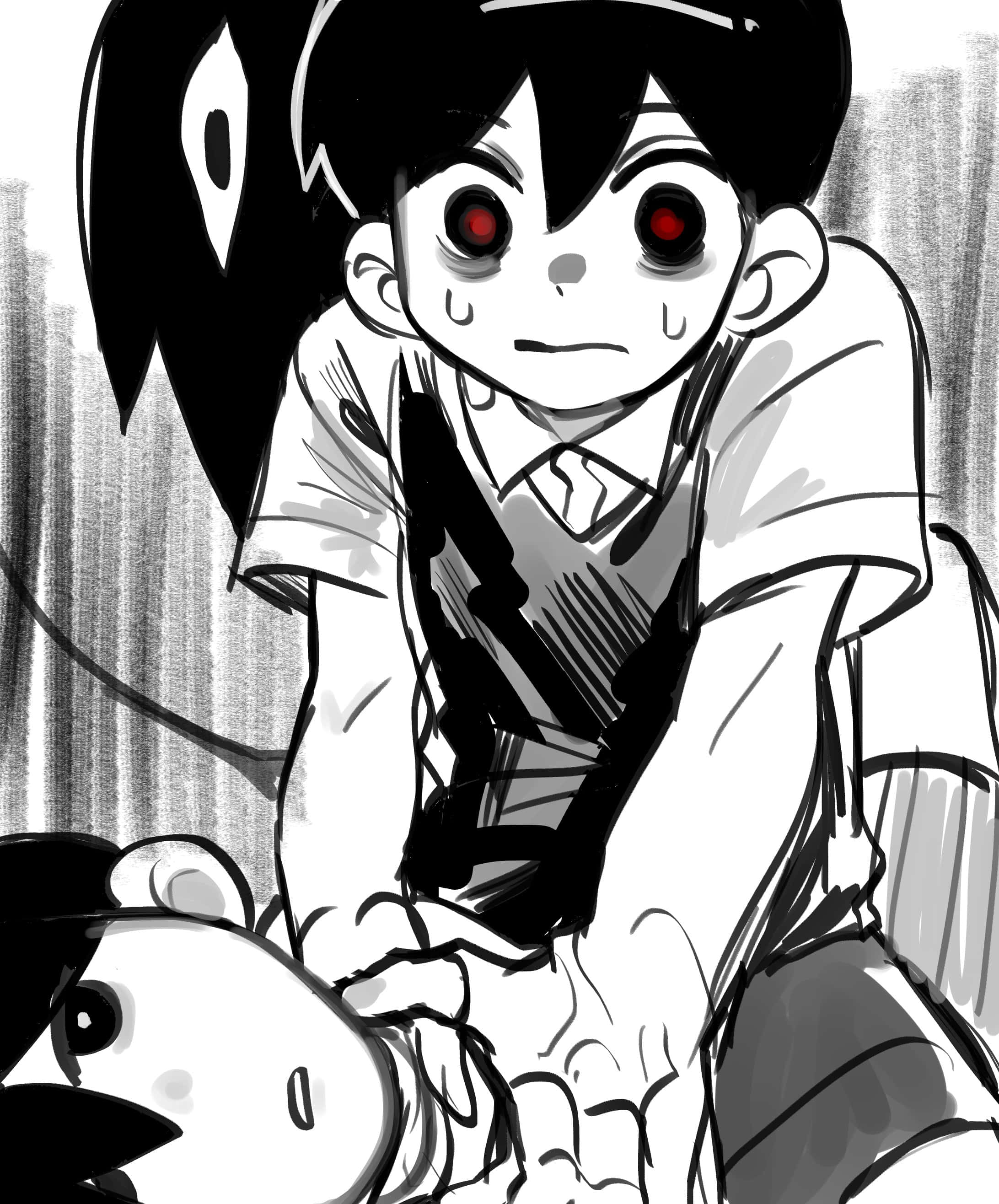 Omori, black and white, glowing red eyes, 2K Phone Wallpaper