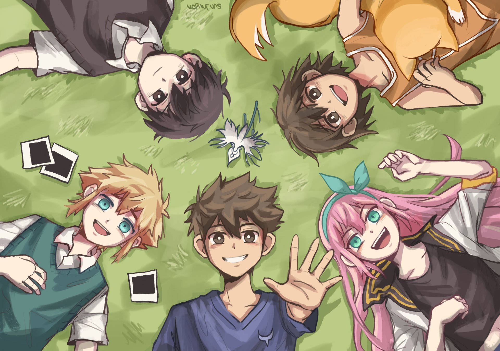 Omori, anime characters, grass, Full HD Desktop Wallpaper